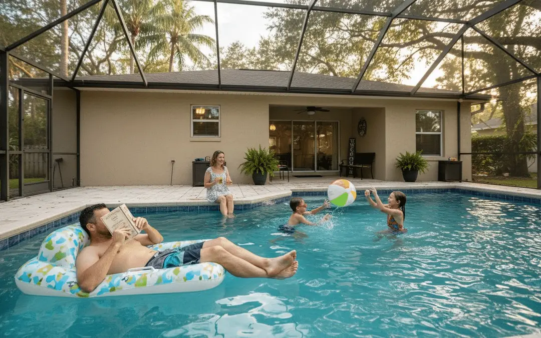Family swimming and playing with a beach ball in a screened-in backyard pool