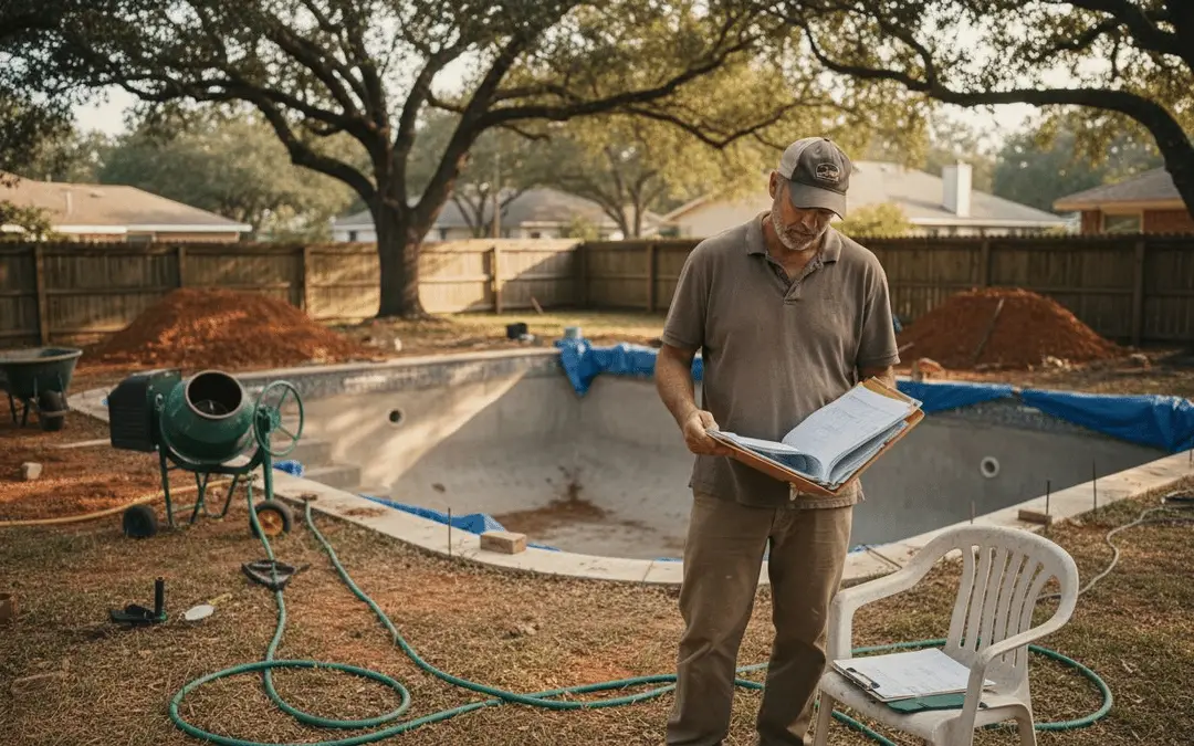 Contractor reading a binder beside a partly built pool shell with a cement mixer