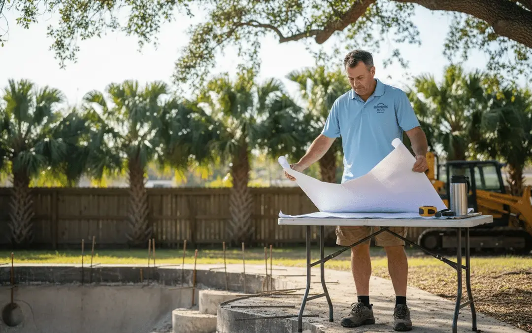Contractor unrolling plans on a folding table at a pool construction site