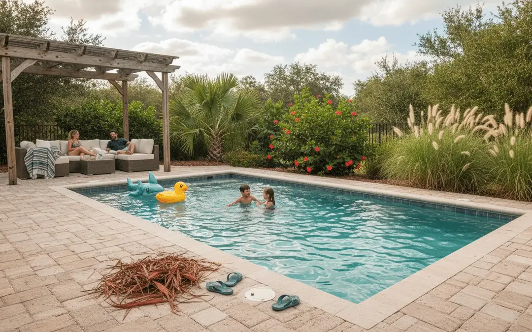 Children swimming in a rectangular pool with a paver deck and pergola seating area
