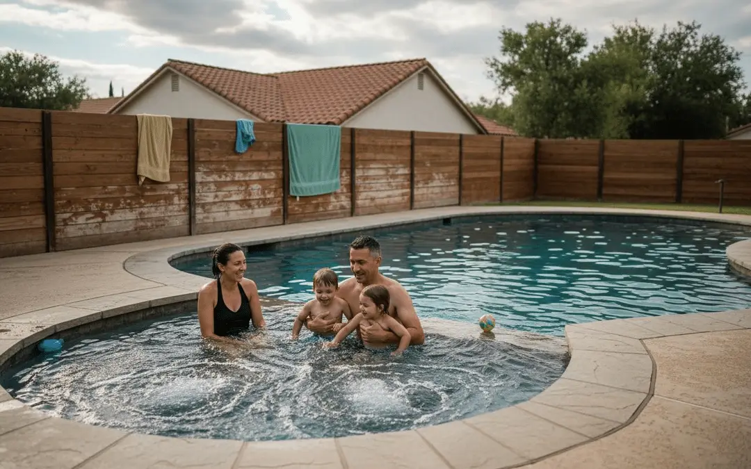 Family relaxing in a spa built into a freeform pool