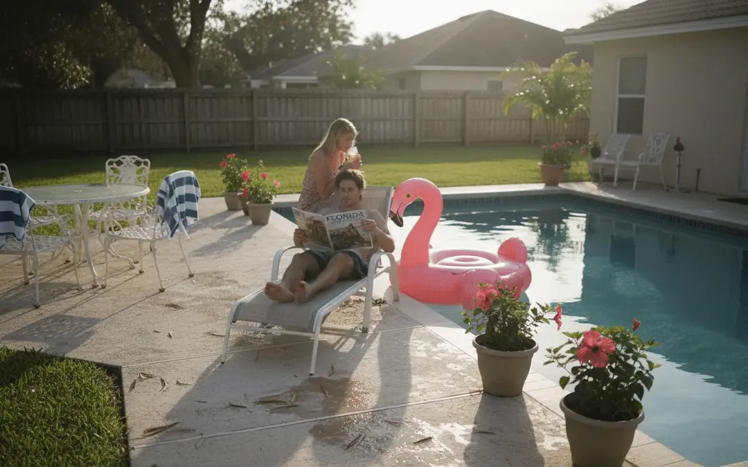 Woman reading on a lounger beside a pool with a flamingo float