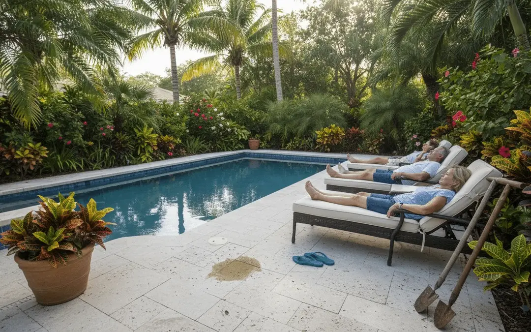 People lounging beside a tropical-landscaped pool with croton plants and a travertine deck