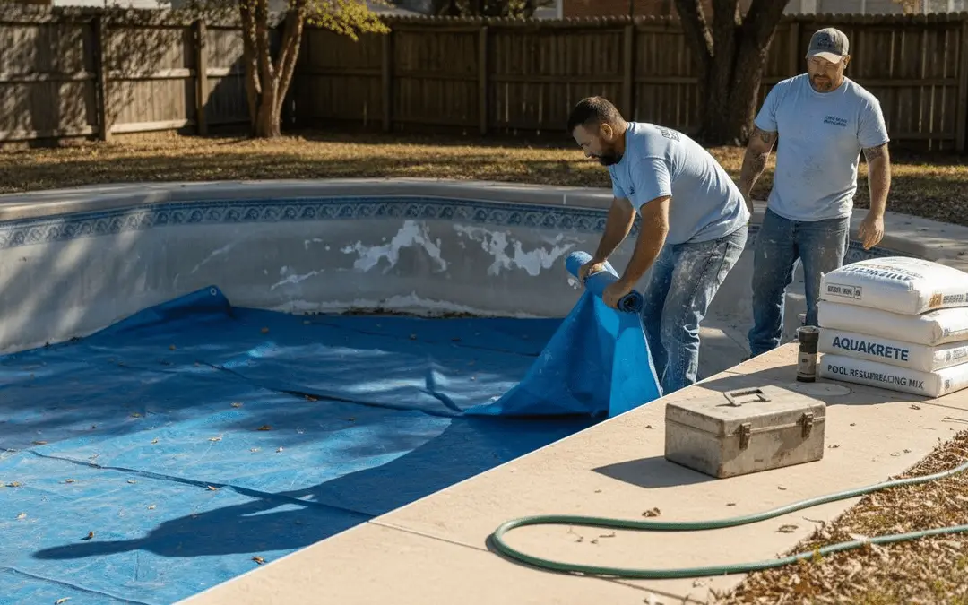 Workers laying a cover over a pool being resurfaced