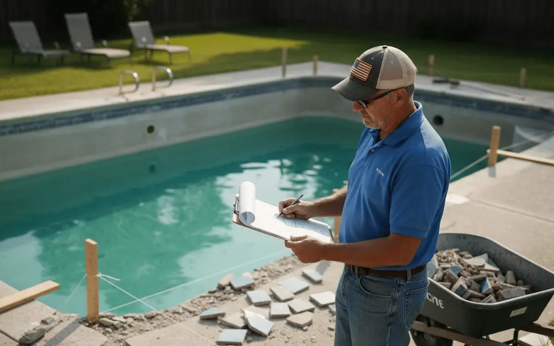 Contractor with a clipboard checking a pool before renovation