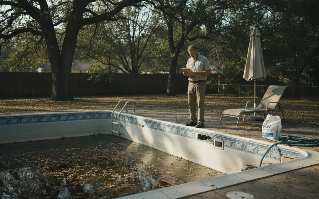 Man with a clipboard inspecting a drained, leaf-filled pool