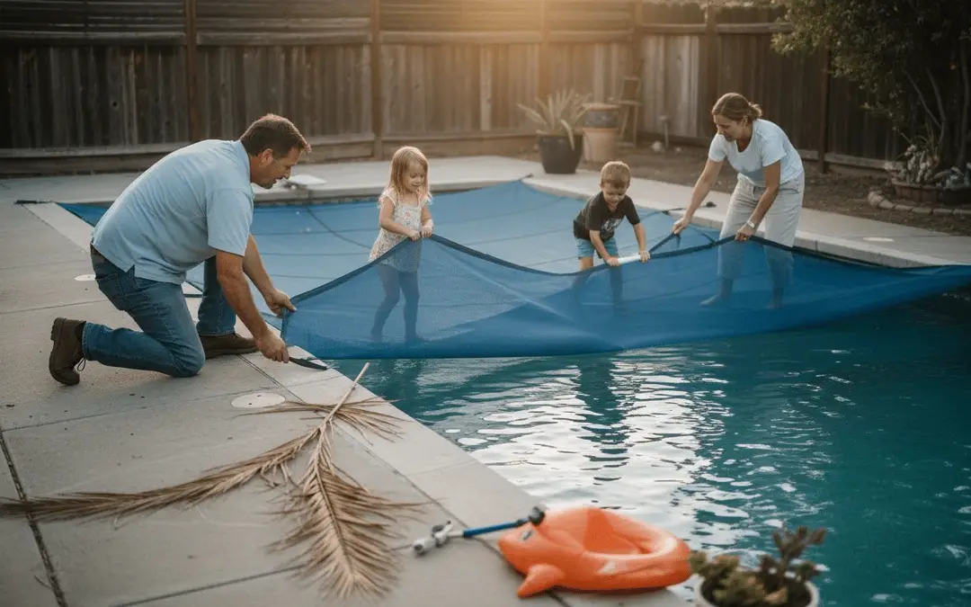 Family pulling a safety cover over a backyard pool