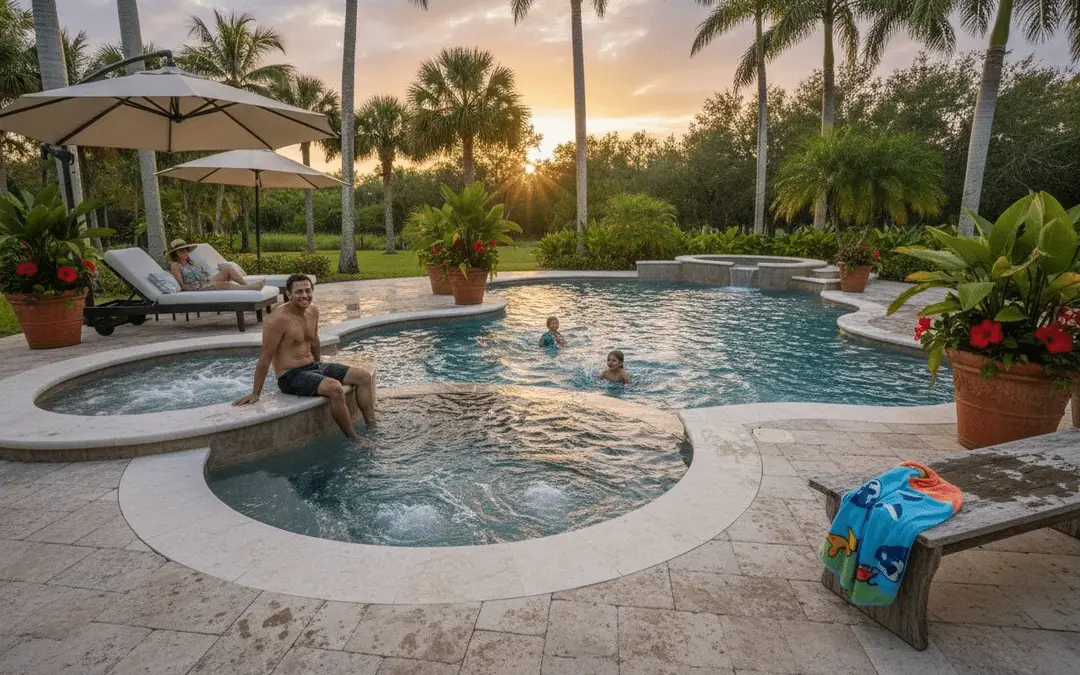 Man sitting on a raised round spa next to a freeform pool at sunset