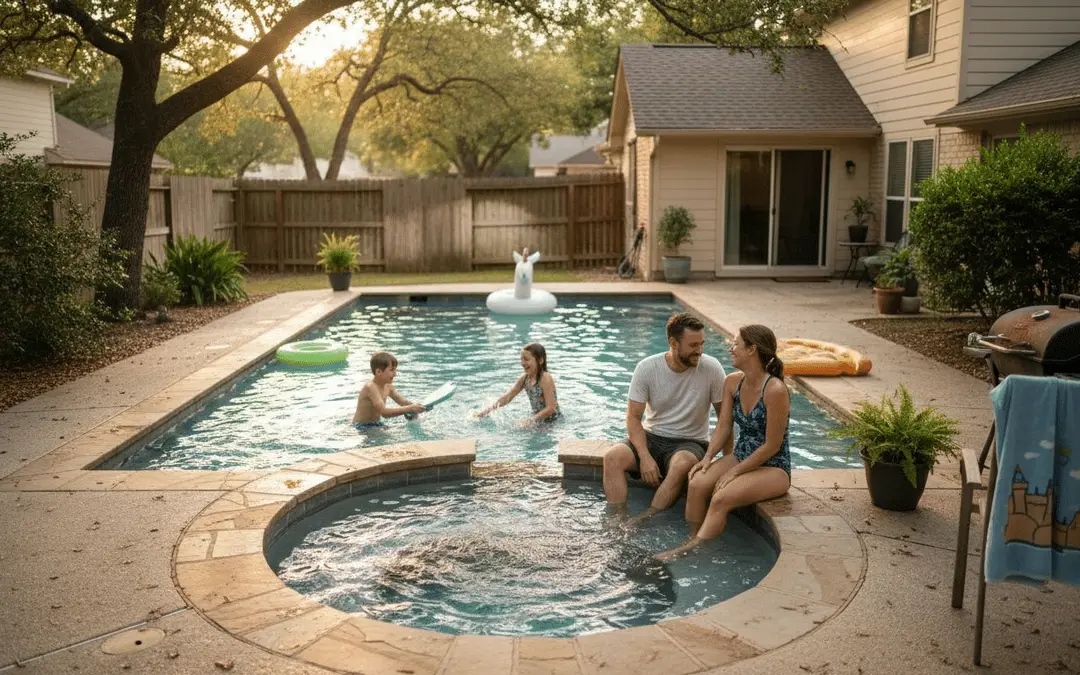 Family relaxing in a rectangular pool with an attached round spa