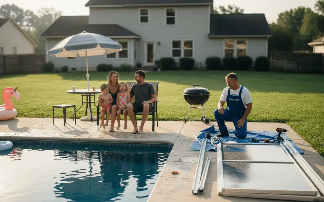 Technician assembling a pool fence while a family watches