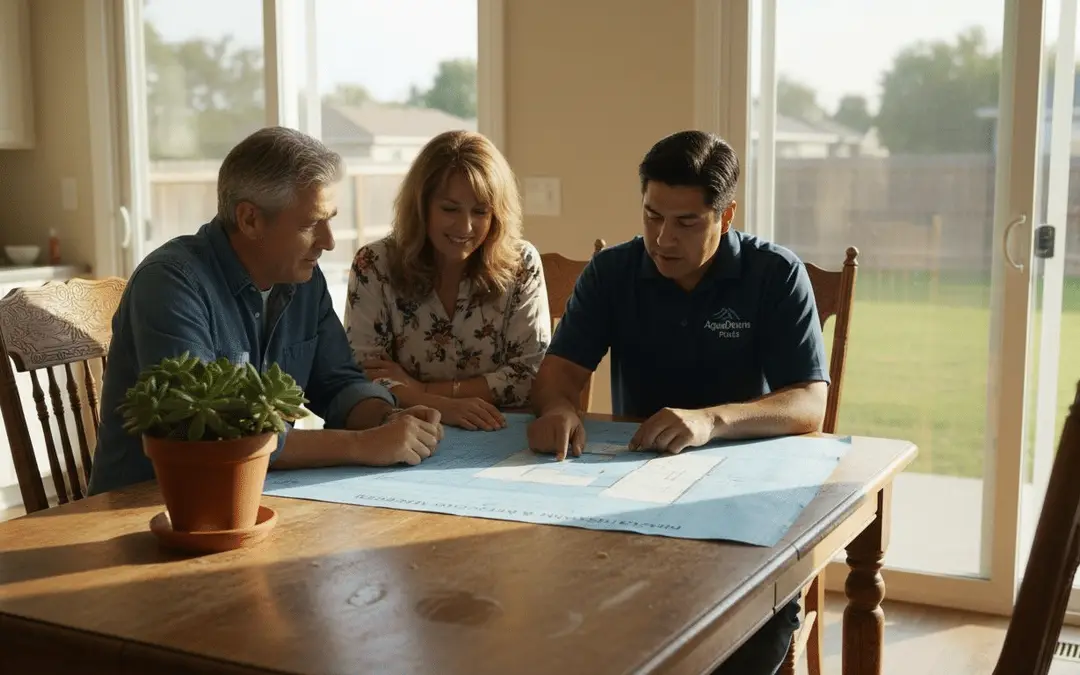 Couple going over pool plans with a designer at their kitchen table