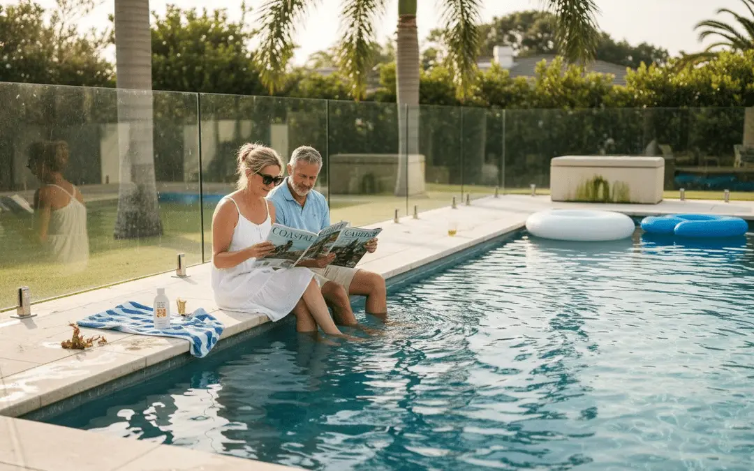 Couple reading with their feet in a pool surrounded by a glass safety fence