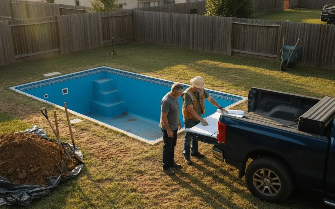 Crew reviewing plans by a truck beside a new fiberglass pool shell