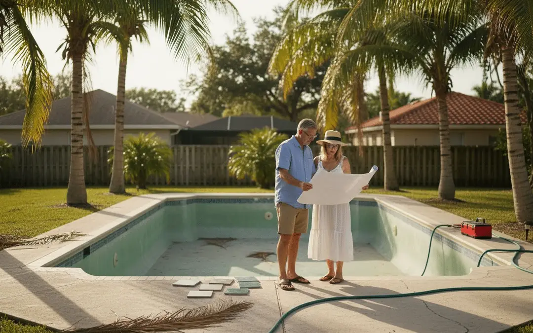 Couple reviewing plans beside an empty rectangular pool being renovated