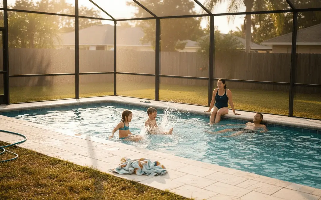 Family swimming in a screened rectangular pool