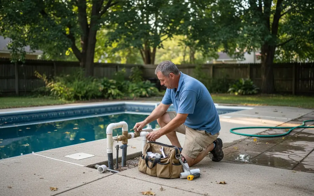 Technician working on pool plumbing beside a backyard pool
