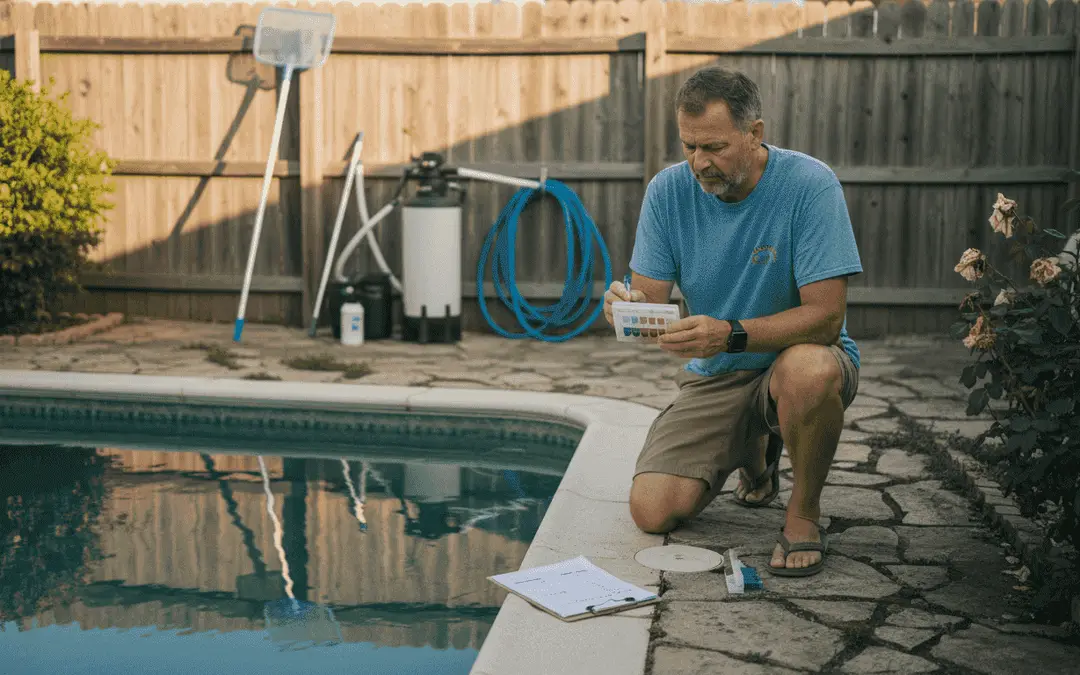 Man testing pool water beside the pool's filter equipment