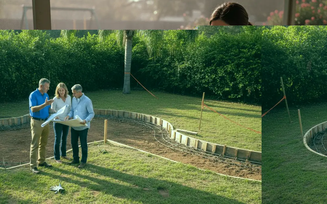 Pool contractor going over plans with homeowners beside a pool form with rebar