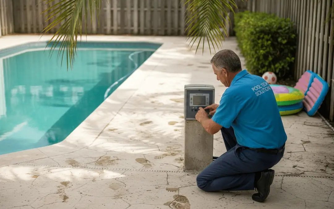 Technician checking a pool equipment control panel beside a rectangular pool