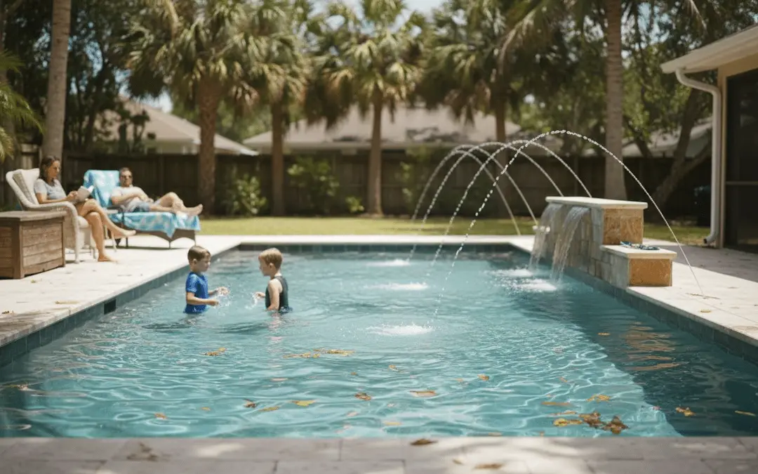 Kids playing in a pool with arcing deck jets and a water feature