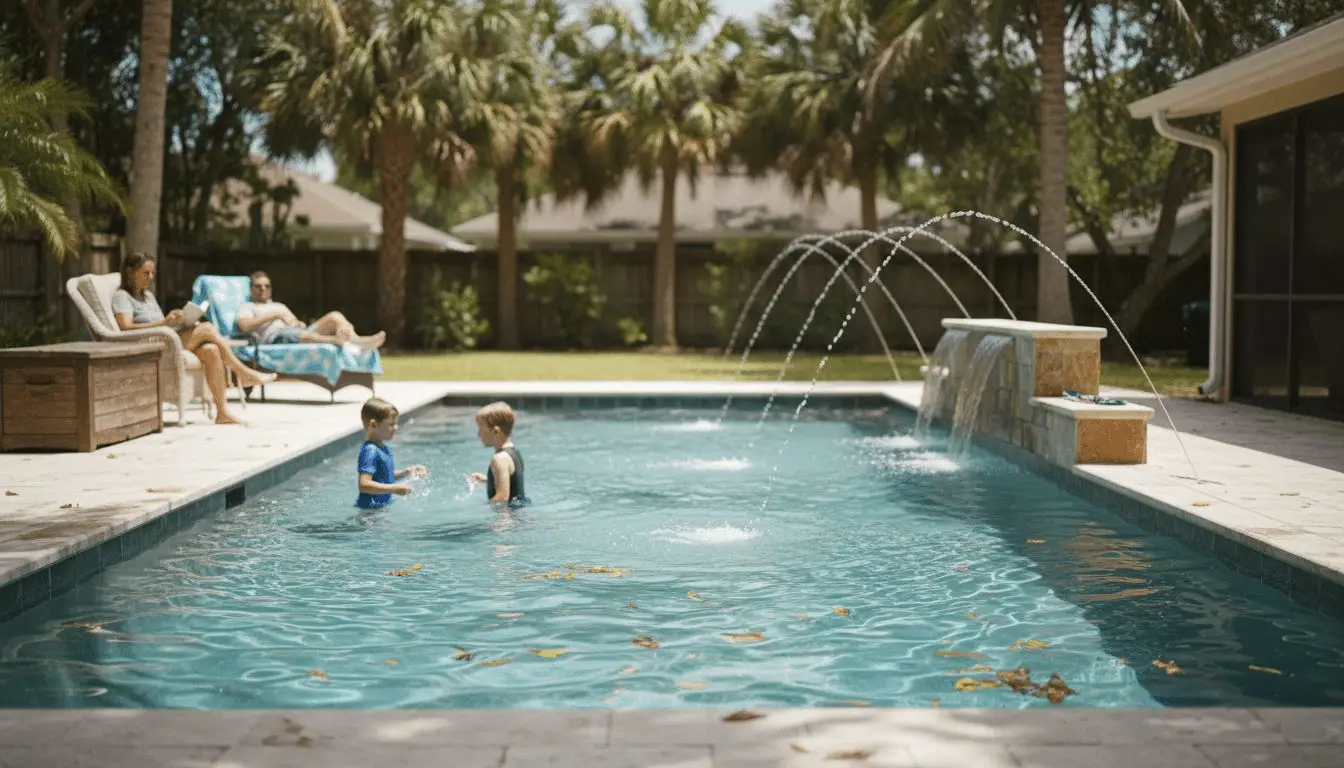 Kids playing in a pool with arcing deck jets and a water feature