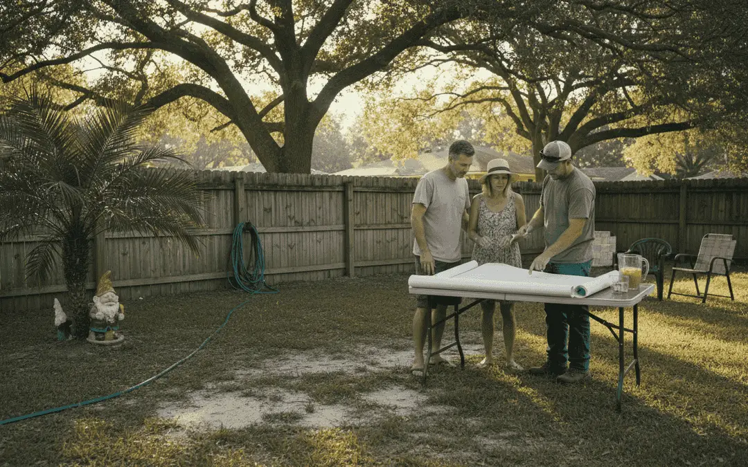 Homeowners and a builder reviewing pool plans on a folding table in a shaded backyard