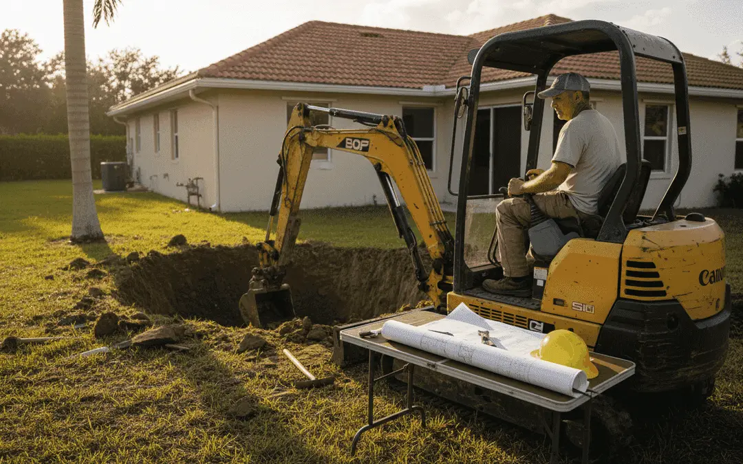 Mini excavator digging a pool hole in a backyard next to a table with plans