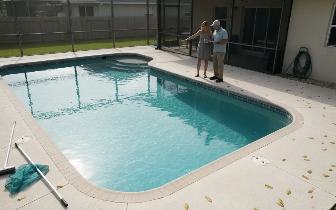Couple standing on the deck of a rectangular pool beside a screen enclosure