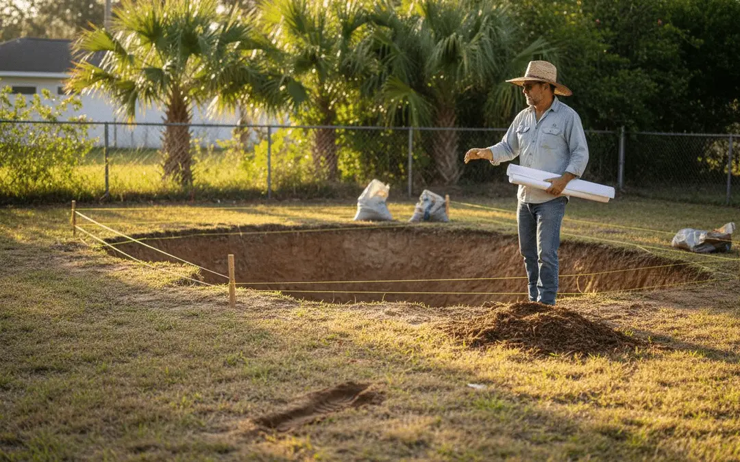 Contractor in a cowboy hat with plans beside a staked-out pool excavation