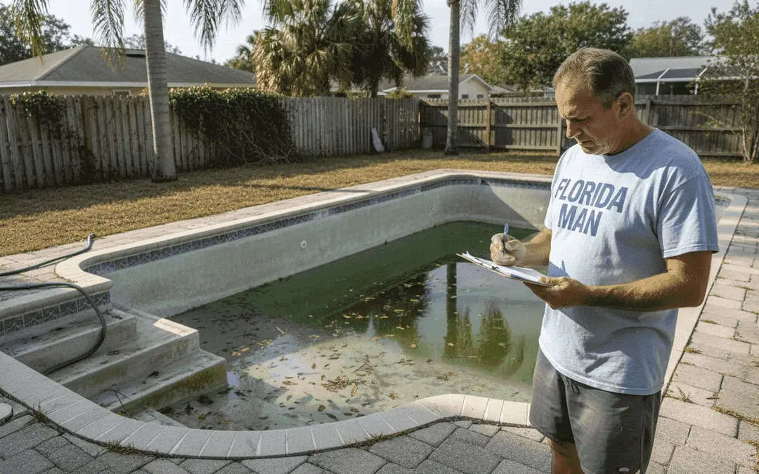 Man taking notes beside a drained, algae-stained pool due for renovation