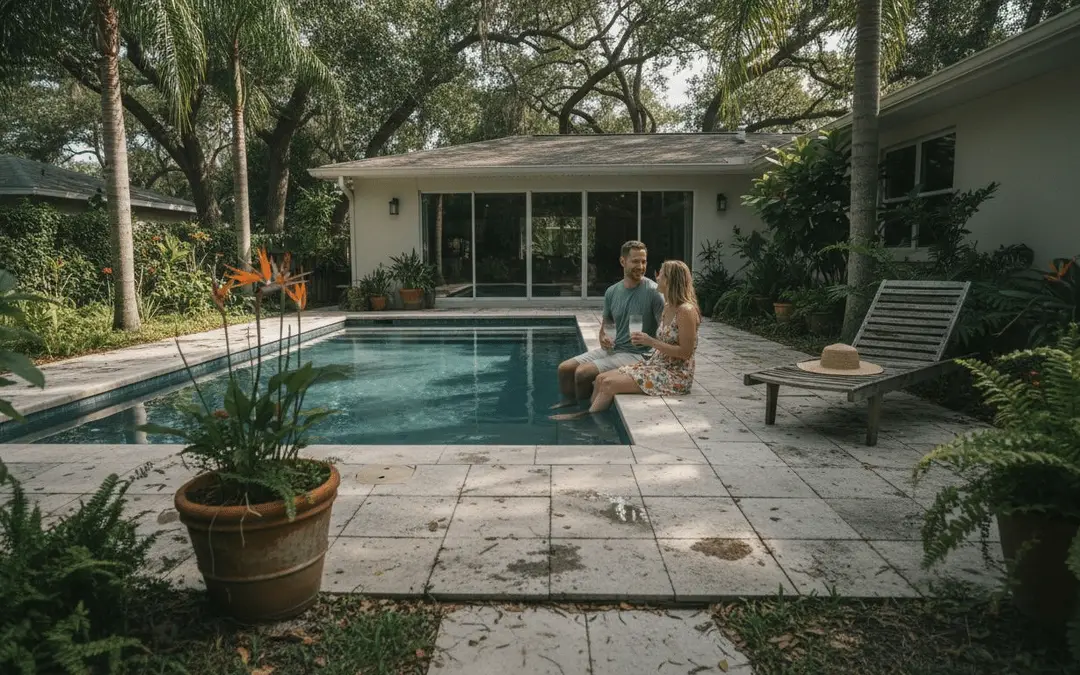 Couple sitting on the edge of a rectangular pool in a lush tropical backyard