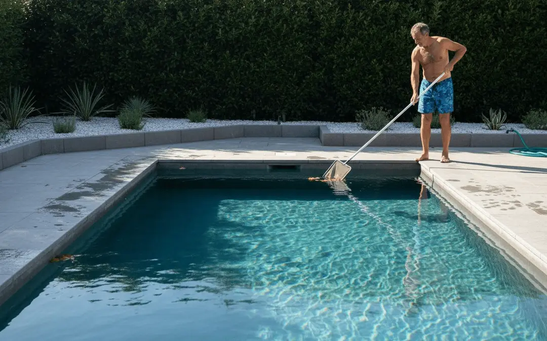 Man skimming a clean rectangular pool with a white stone border