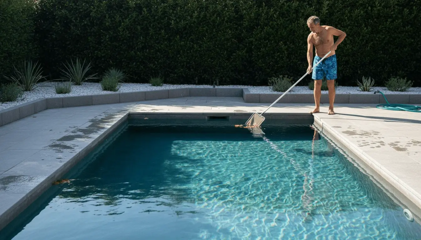 Best Pool Shapes: 15% Lower Maintenance with Rectangles Man skimming a clean rectangular pool with a white stone border