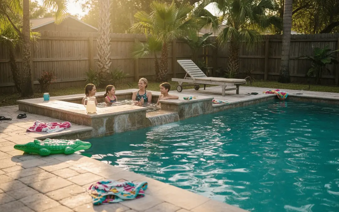 Kids sitting in a raised spa that spills into a rectangular pool