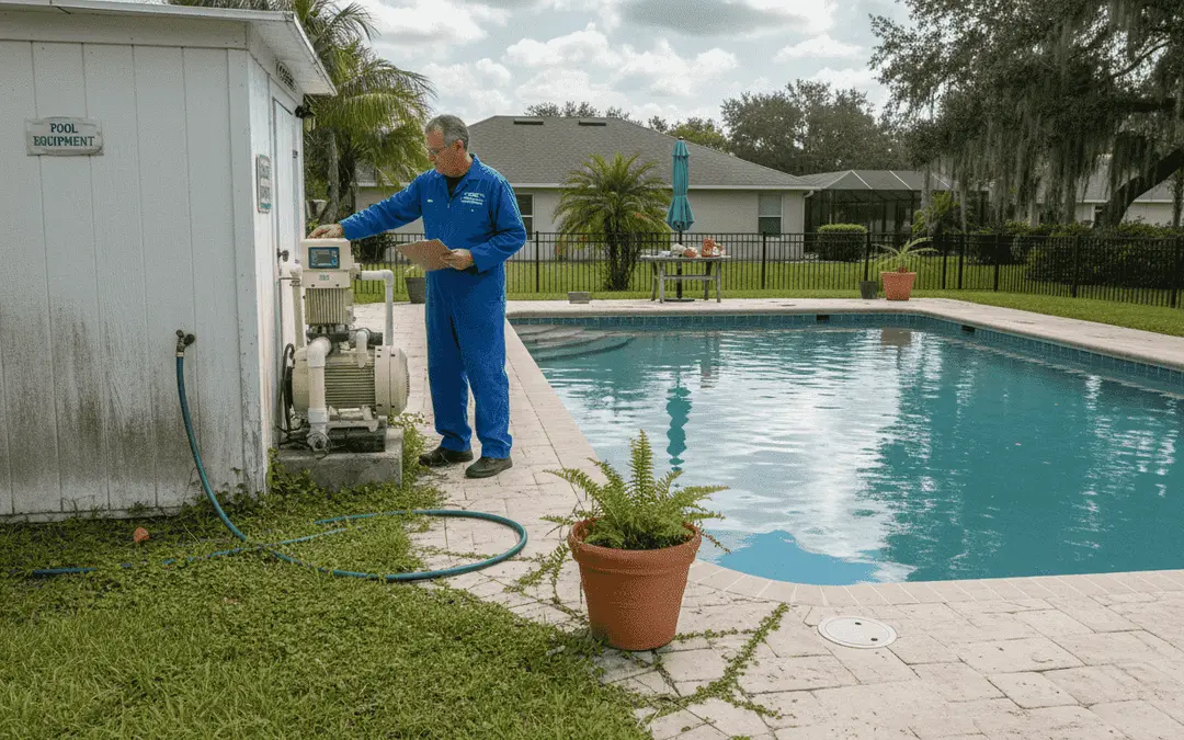 Technician checking pool equipment beside a shed next to a rectangular pool