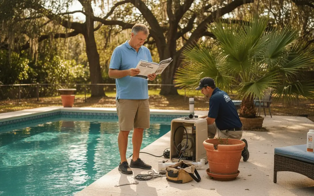 Homeowner reading a manual while a technician services a pool heater