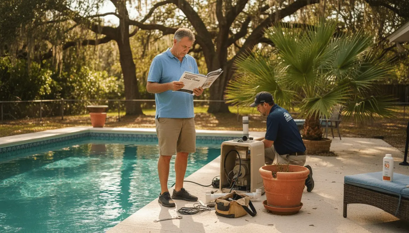 Energy-Efficient Pool Upgrades Save 60% on Florida Bills Homeowner reading a manual while a technician services a pool heater