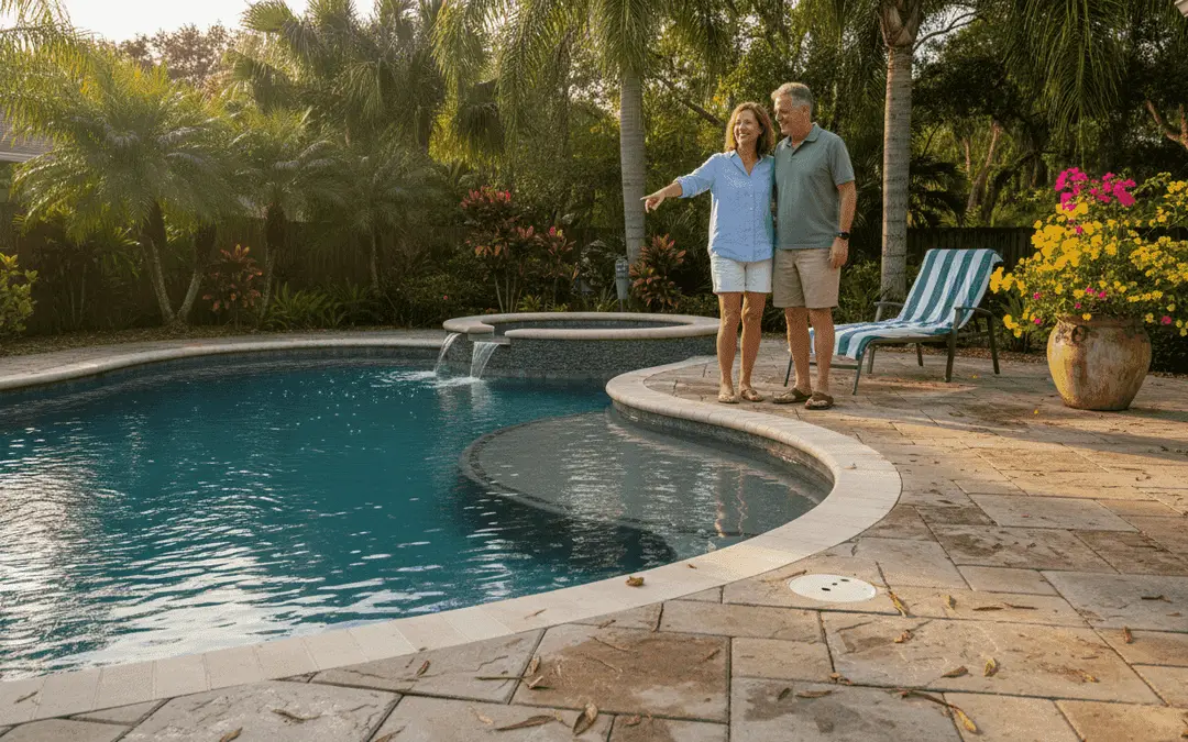 Couple admiring a freeform pool with a raised spa and sun shelf