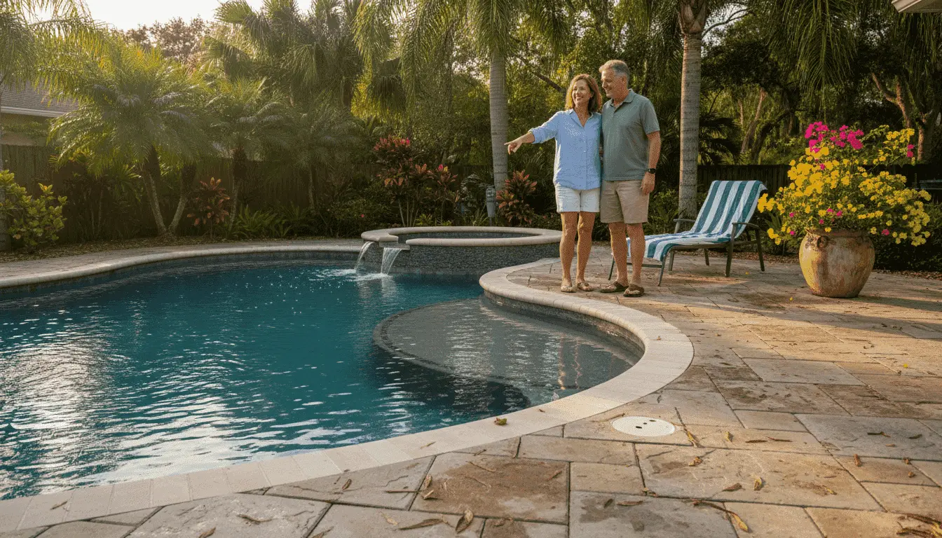 Couple admiring a freeform pool with a raised spa and sun shelf