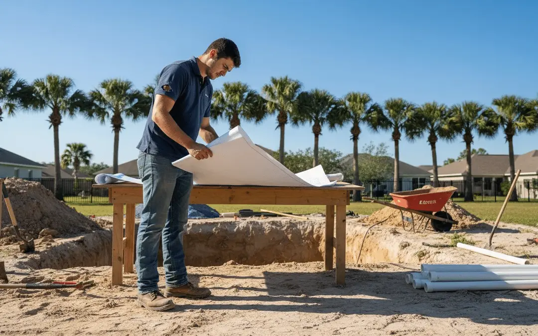 Pool builder reviewing plans on a sawhorse table at an excavated building site