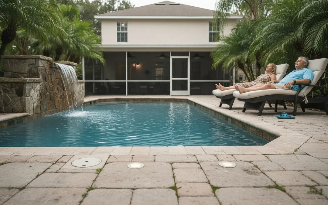 Couple relaxing beside a rectangular pool with a stone waterfall and screened porch