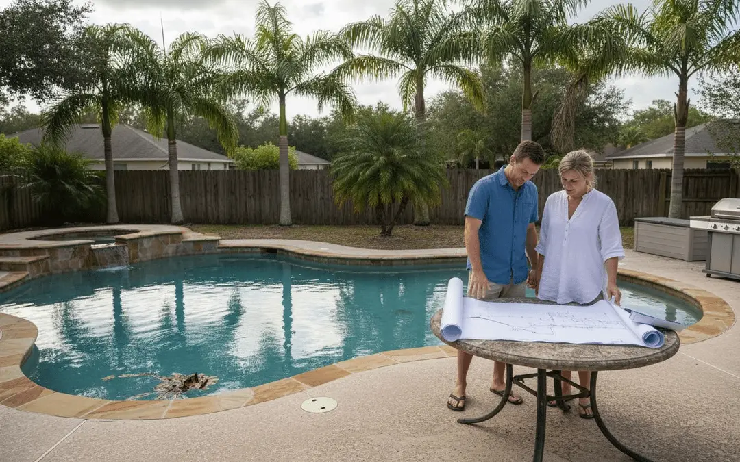 Couple reviewing plans at a table beside a freeform pool with a spa and outdoor grill