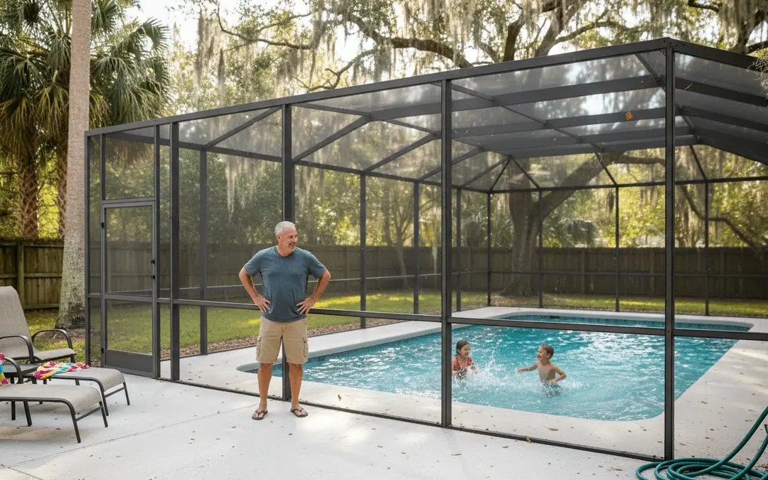 Man standing inside a screen enclosure around a backyard pool