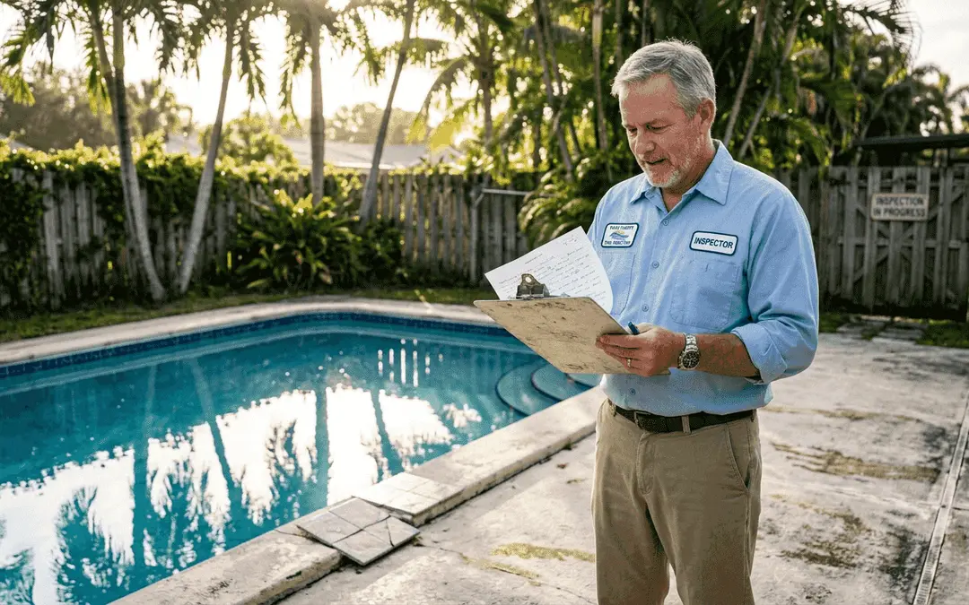 Pool inspector reviewing backyard pool documents