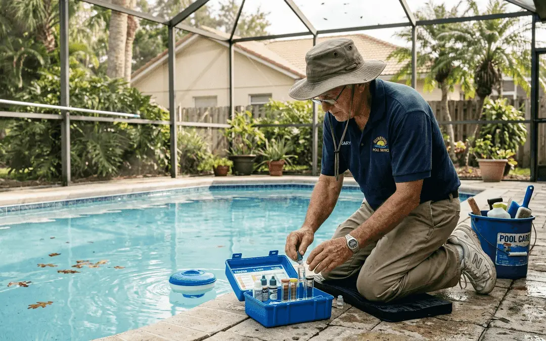 Technician testing pool water in Florida backyard