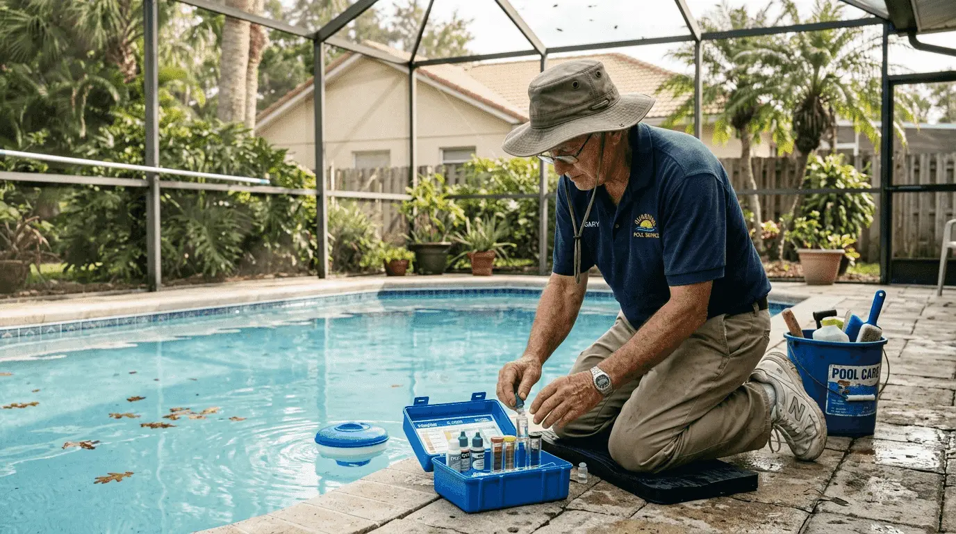 Pool maintenance importance for Central Florida: 2026 guide Technician testing pool water in Florida backyard