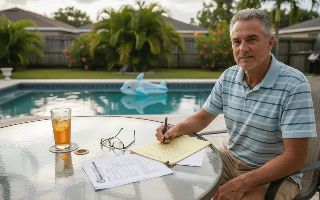Man filling out paperwork at a patio table beside a backyard pool