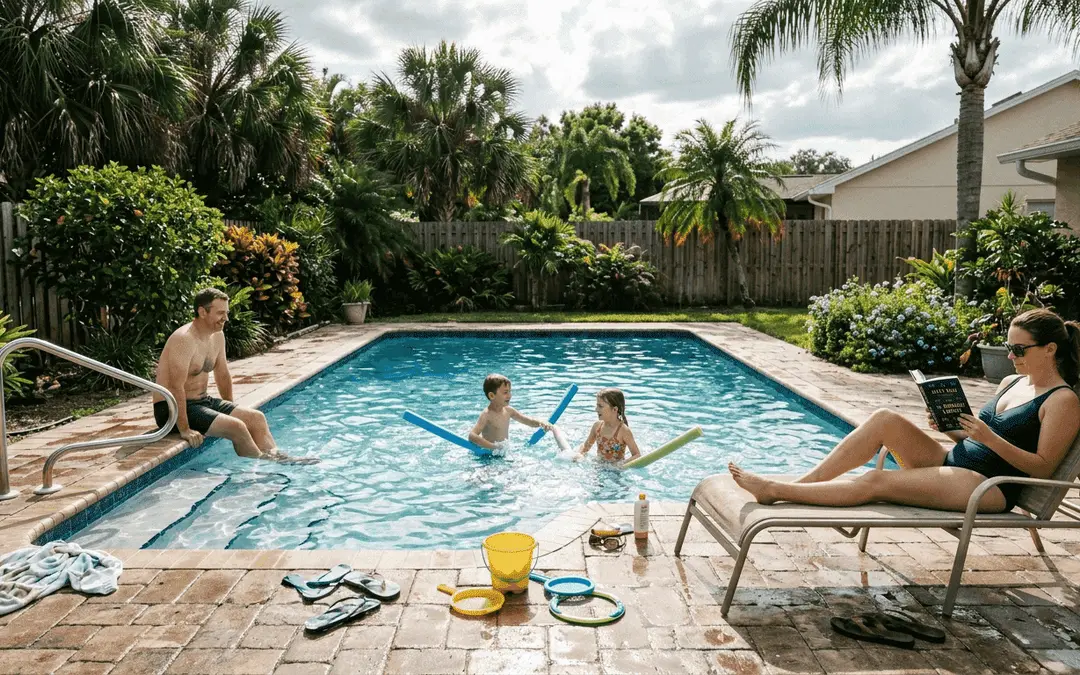 Family enjoying backyard rectangular pool