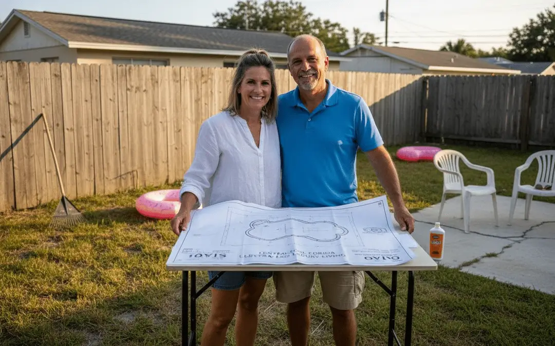 Couple holding up a pool layout drawing in a fenced backyard