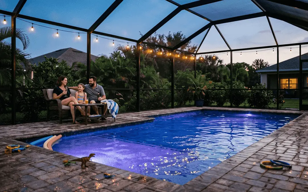 Central Florida backyard pool with LED lighting at dusk
